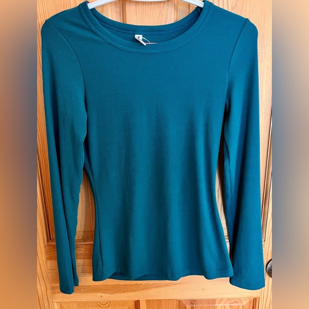 Hwokefeiyu Size XS Teal Green Ribbed Knit Crew Neck Long Sleeve Top Slim Fitted